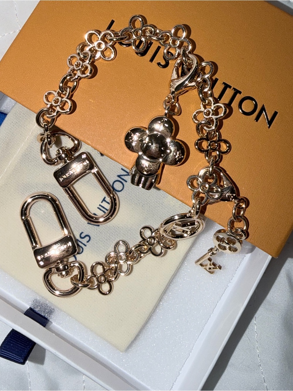 Gold-Tone Flower Charm Key & Card Holder Chain with Removable Charms